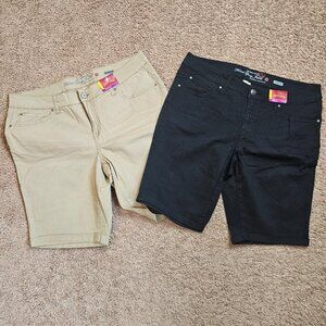 NWT Lot of 2 Faded Glory Jeans Bermuda Shorts Womens 14 Black Tan Cotton Stretch